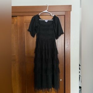Black, short sleeve, tulle formal midi dress